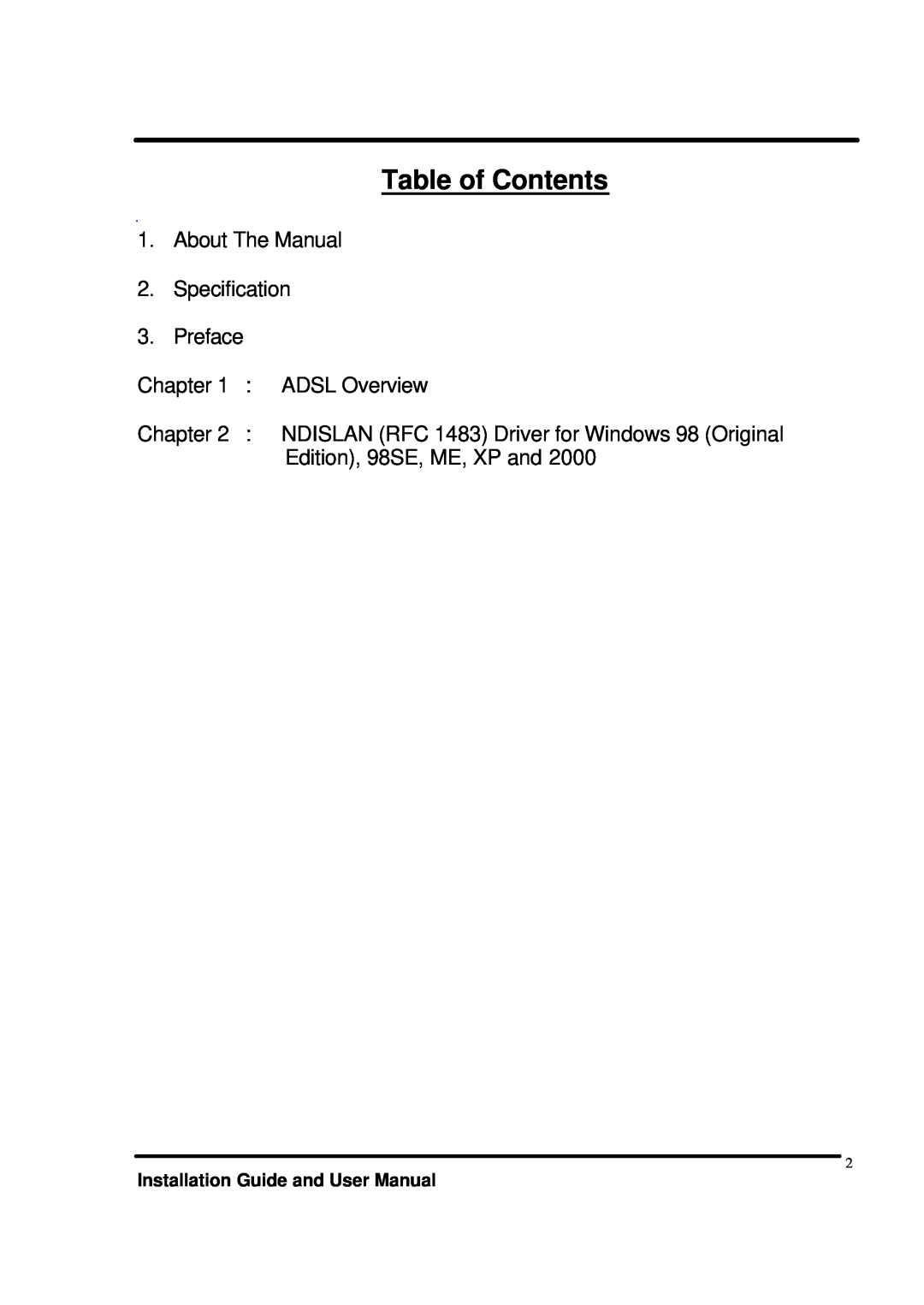 Acer ADSL Surf USB Modem user manual Table of Contents, About The Manual 2. Specification 3. Preface, ADSL Overview 