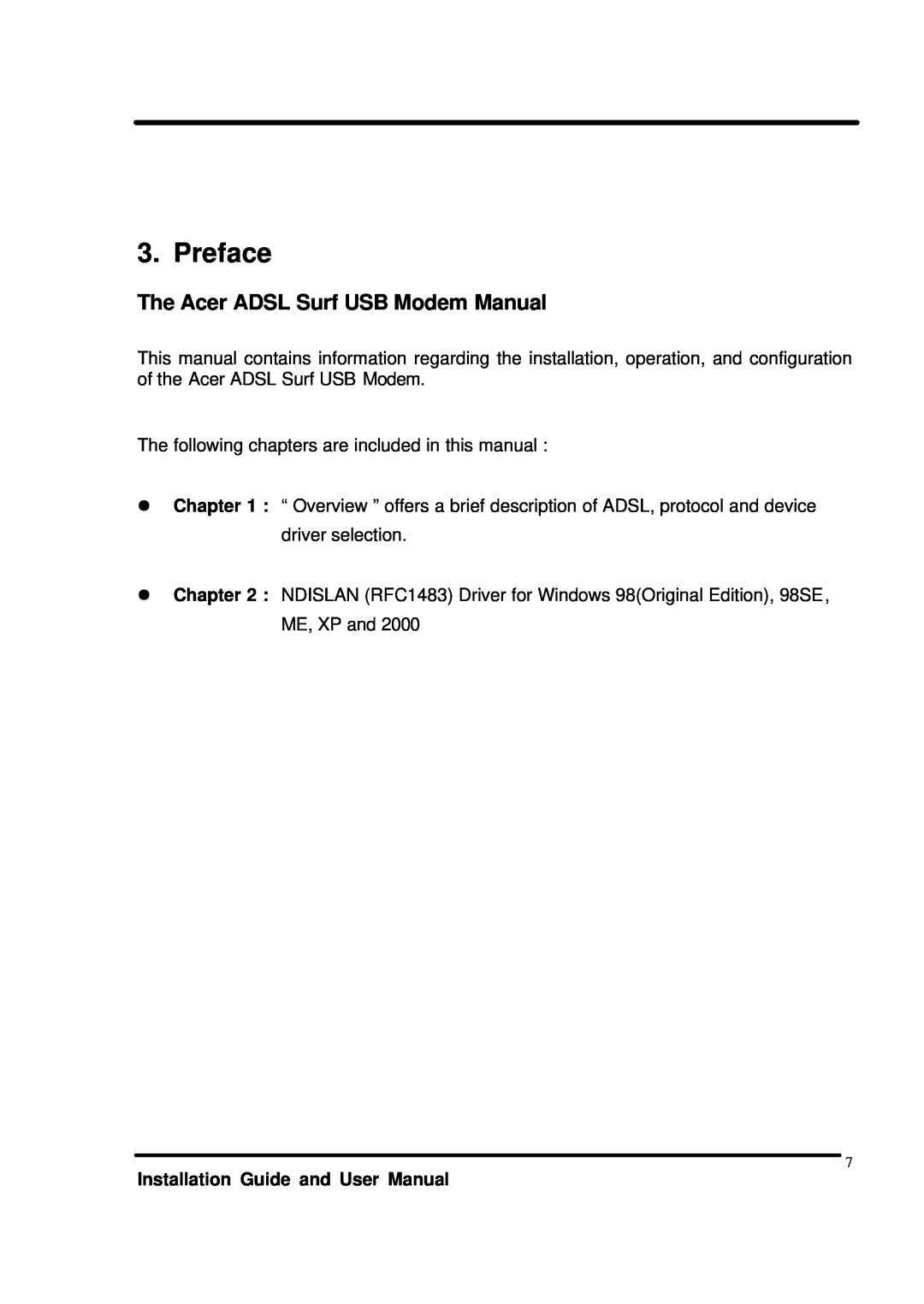 Acer user manual Preface, The Acer ADSL Surf USB Modem Manual, Installation Guide and User Manual 