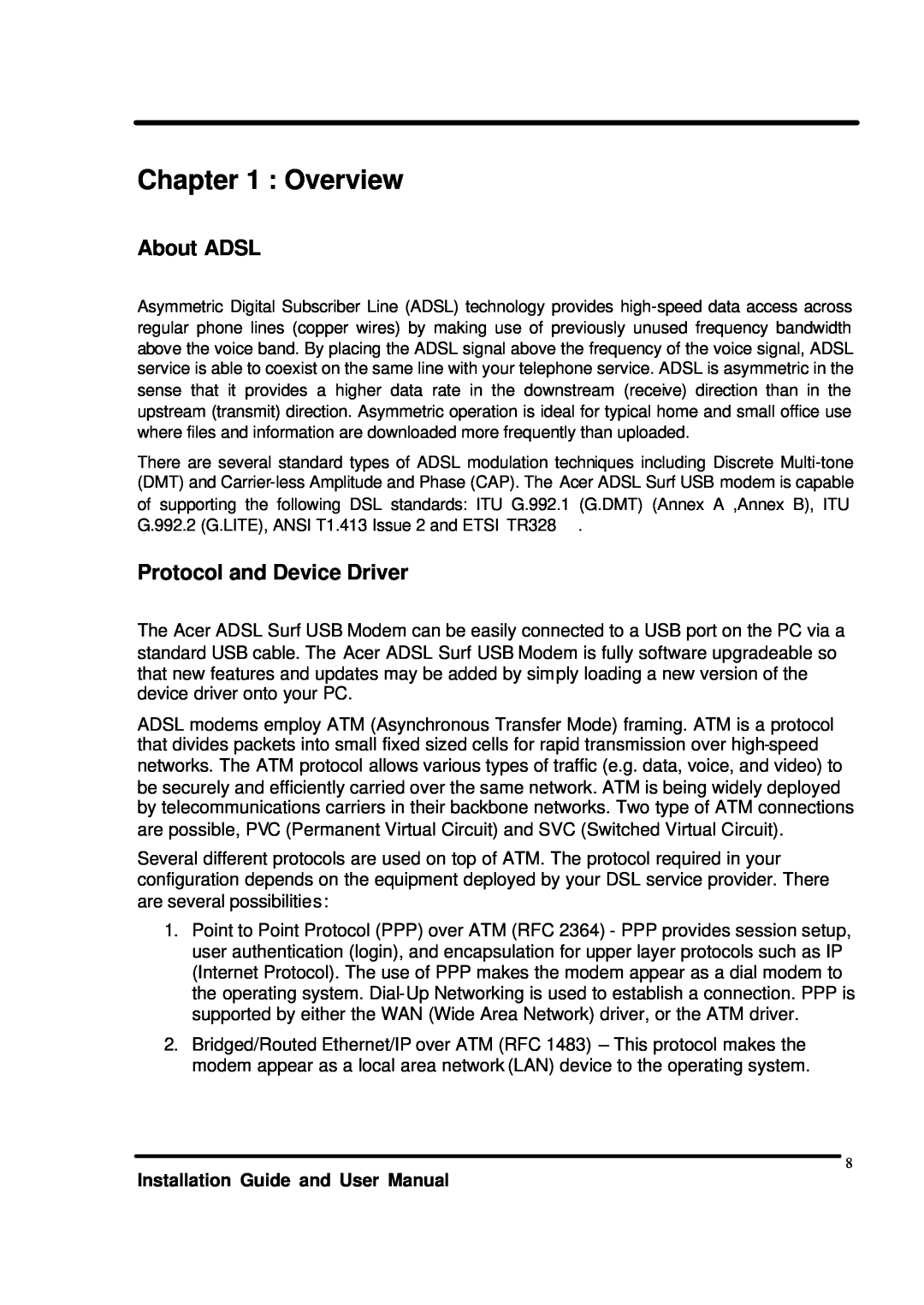 Acer ADSL Surf USB Modem user manual Overview, About ADSL, Protocol and Device Driver, Installation Guide and User Manual 