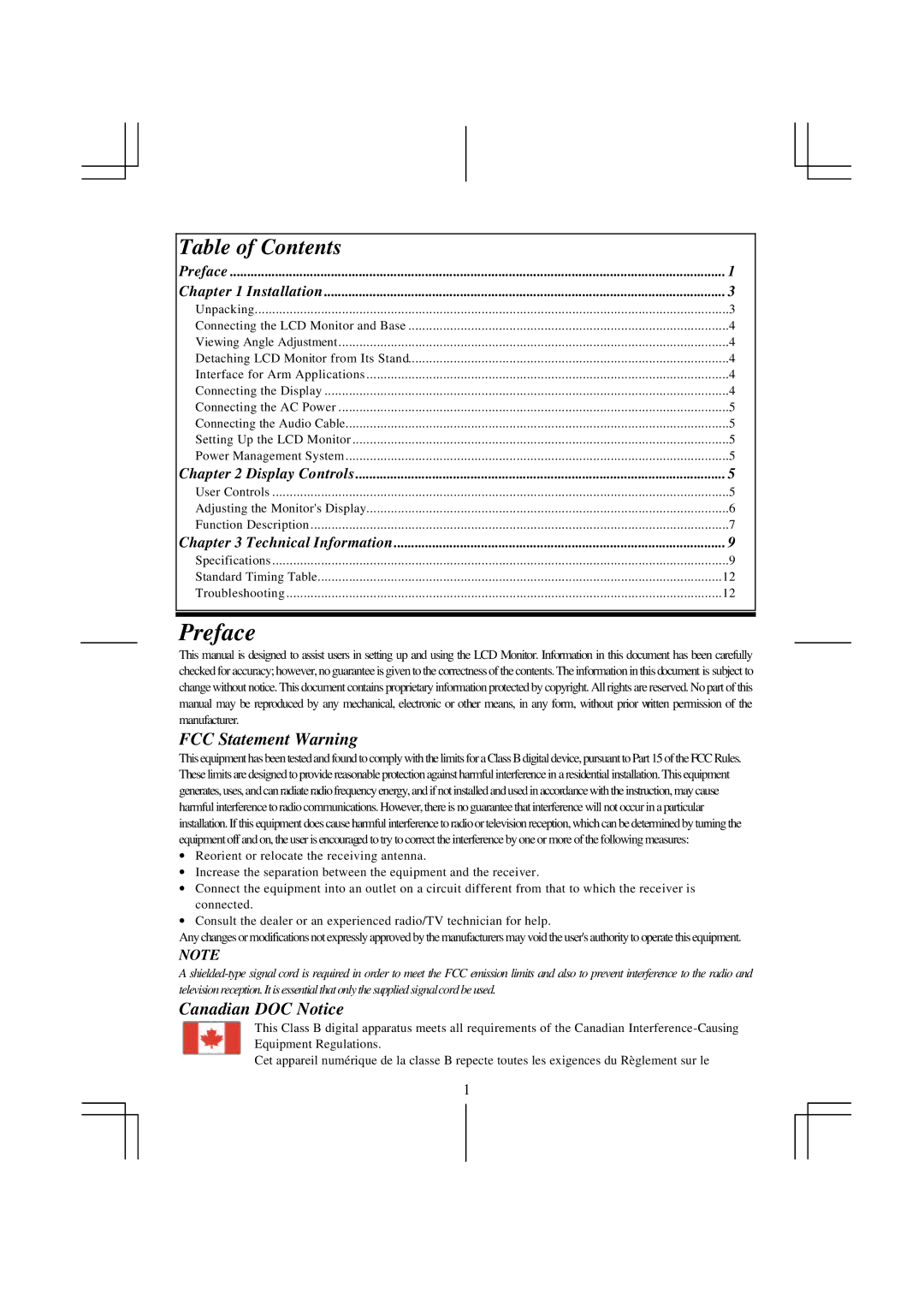 Acer AL 711 specifications Preface, Table of Contents 