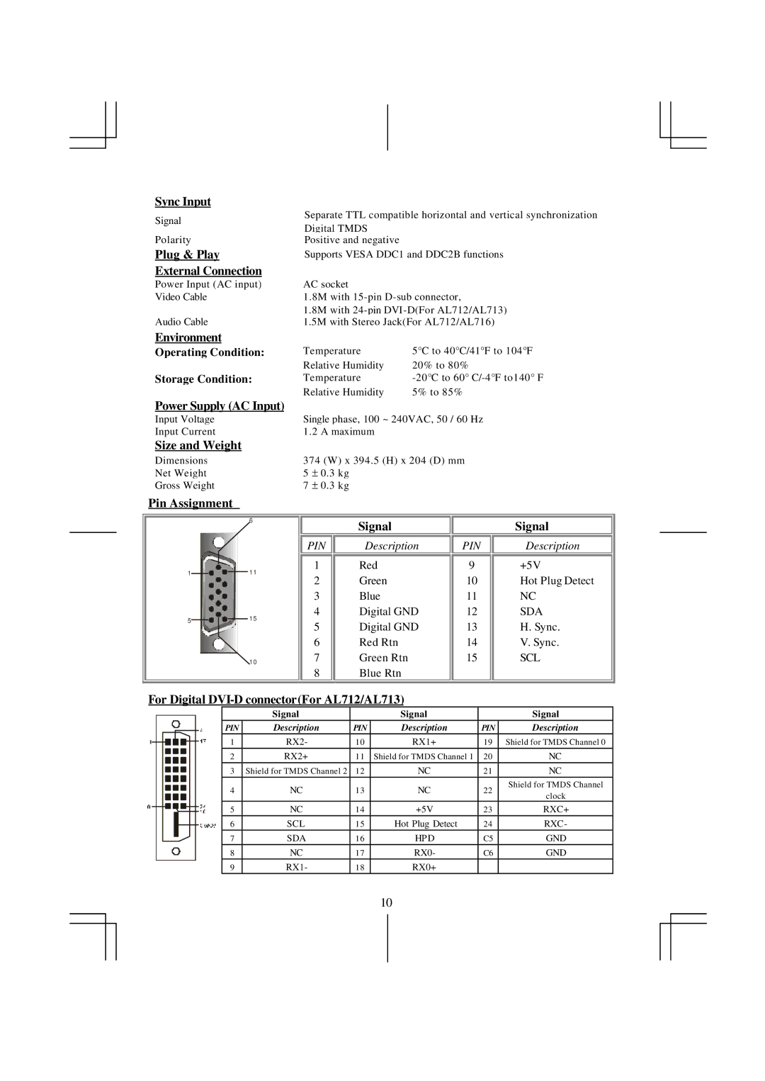 Acer AL 711 specifications Sync Input, Plug & Play External Connection, Environment, Power Supply AC Input, Size and Weight 