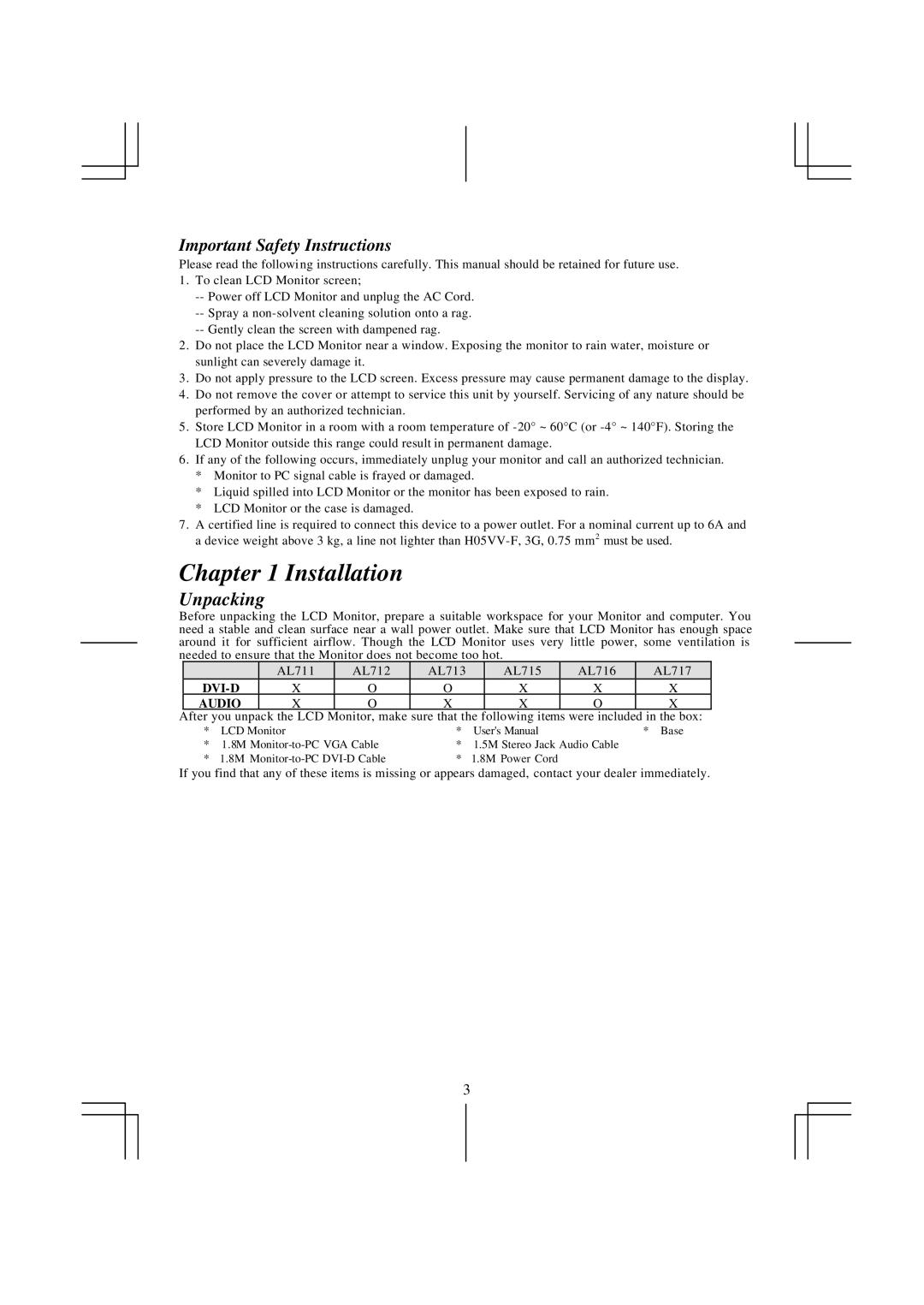 Acer AL 711 specifications Installation, Unpacking 