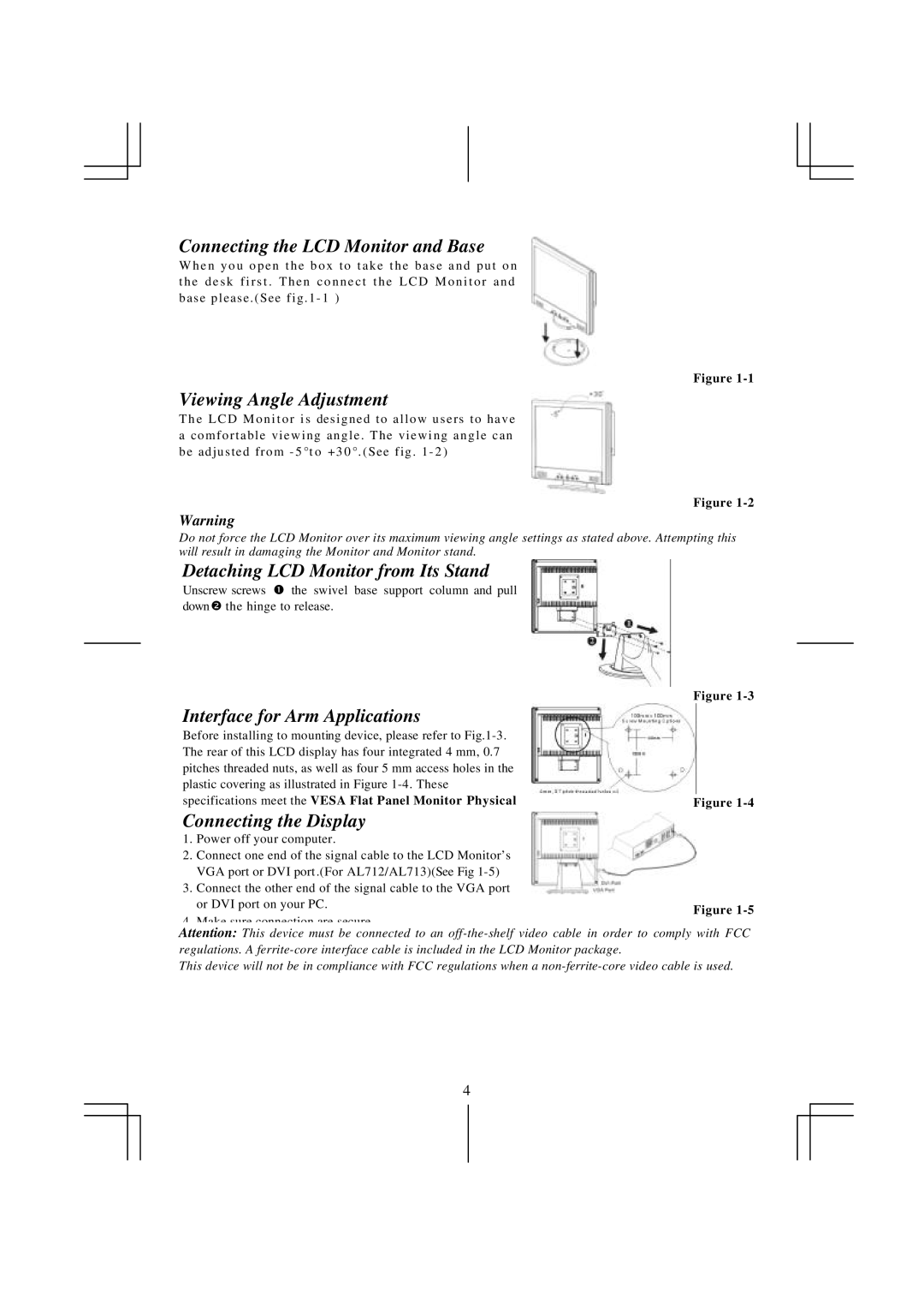 Acer AL 711 Connecting the LCD Monitor and Base, Viewing Angle Adjustment, Detaching LCD Monitor from Its Stand 