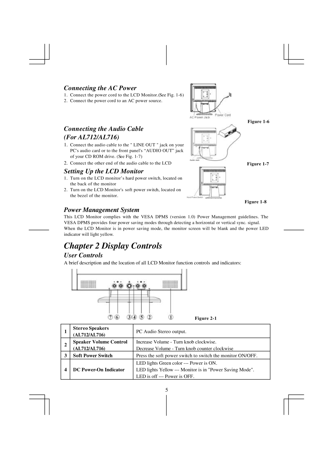 Acer AL 711 specifications Display Controls 