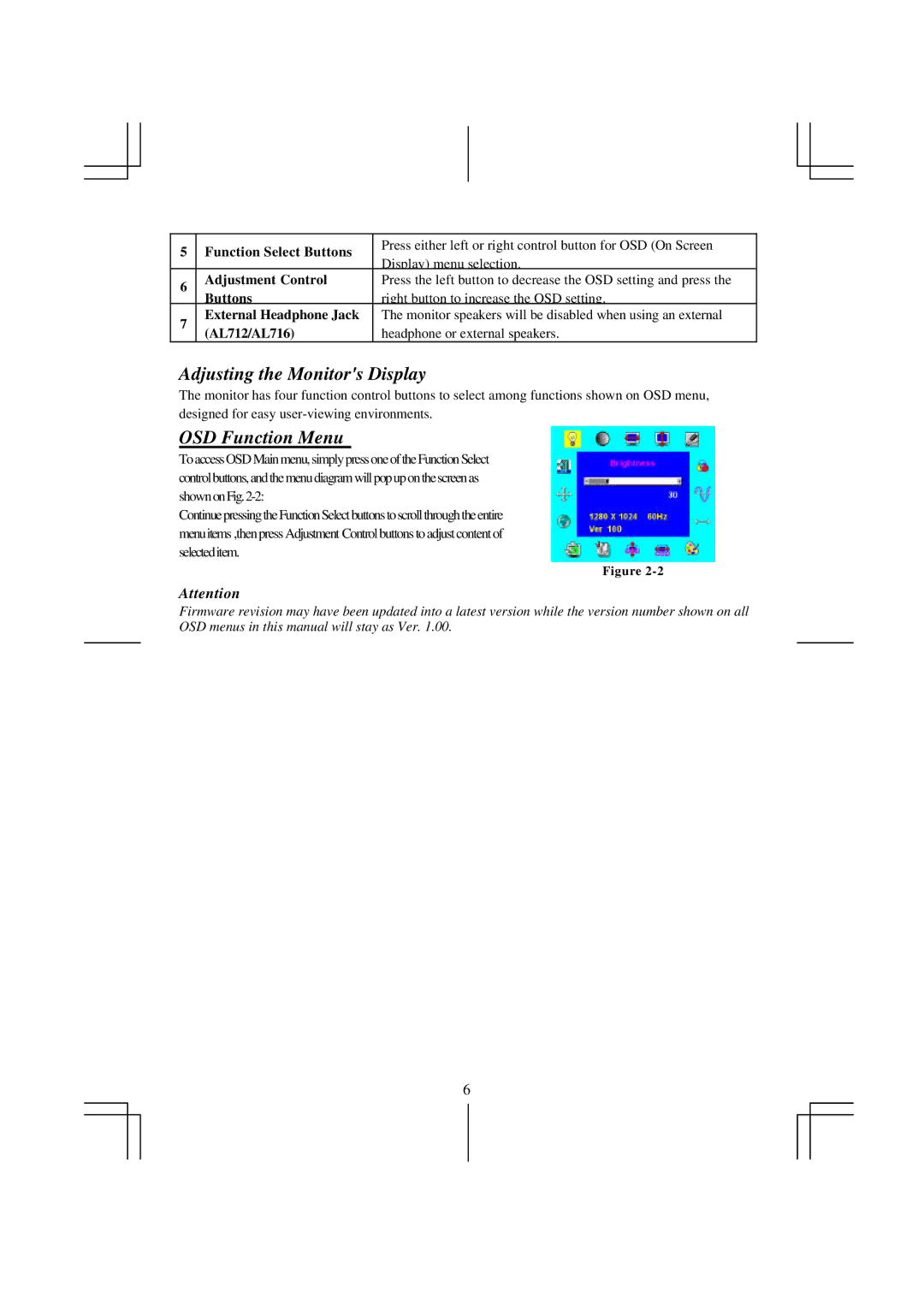 Acer AL 711 specifications Adjusting the Monitors Display, OSD Function Menu 