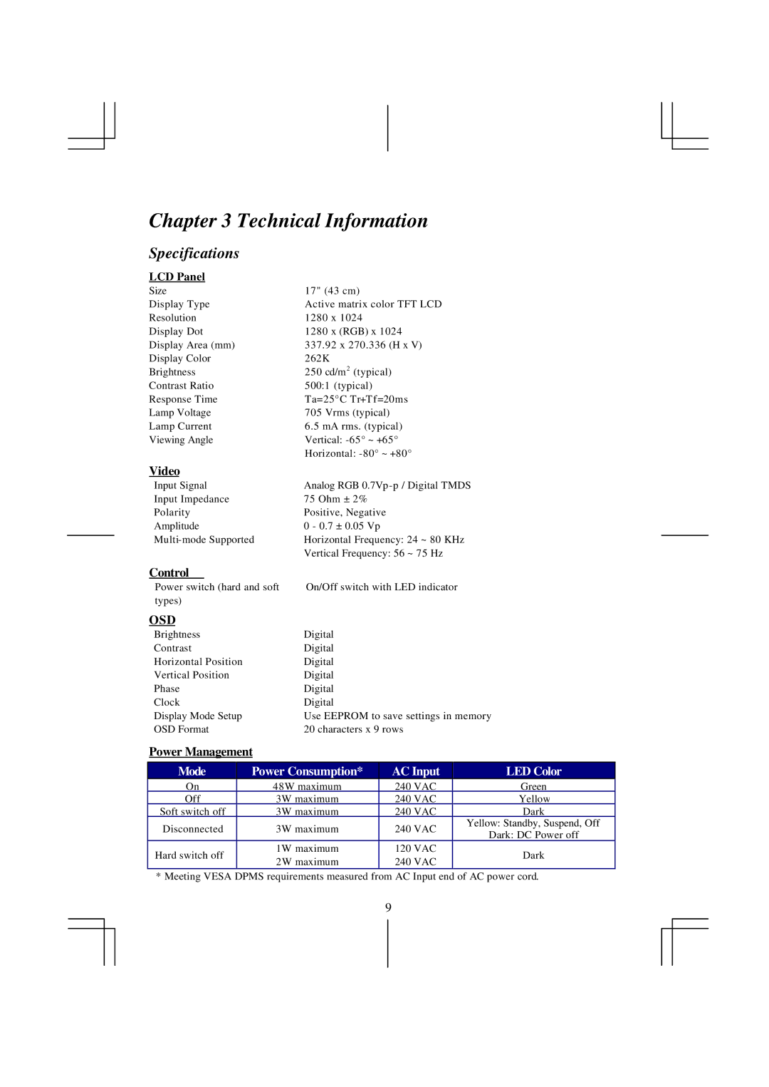 Acer AL 711 specifications Technical Information, Specifications, Video, Control, Power Management 