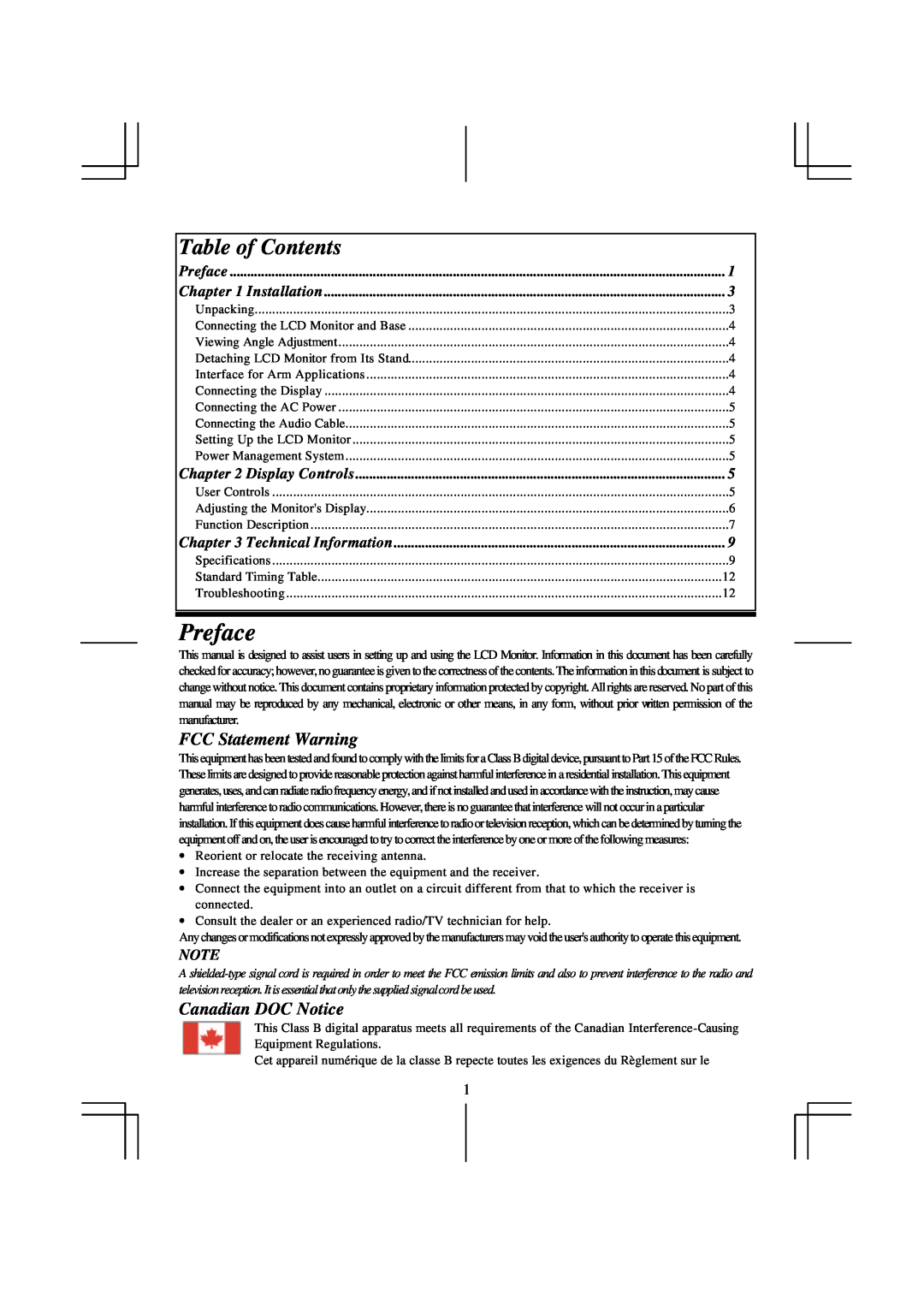 Acer AL 711 specifications Preface, FCC Statement Warning, Canadian DOC Notice, Table of Contents, Installation 