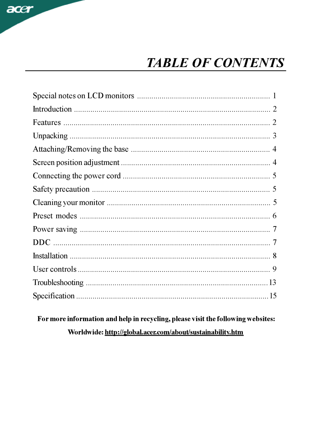 Acer AL1516W manual Table of Contents 