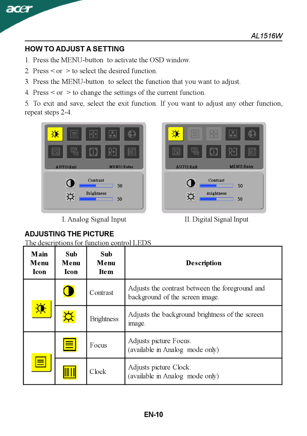 Acer AL1516W manual Main Sub Menu Description Icon, EN-10 