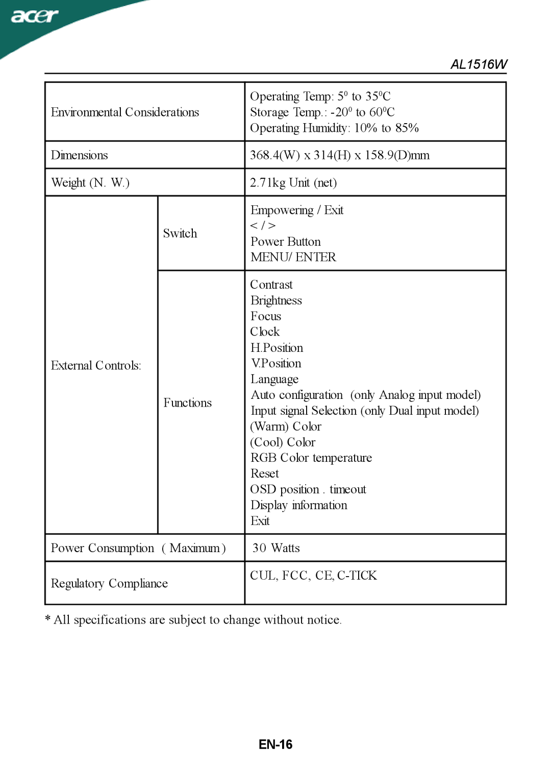 Acer AL1516W manual MENU/ Enter, Cul, Fcc, Ce, C-Tick, EN-16 