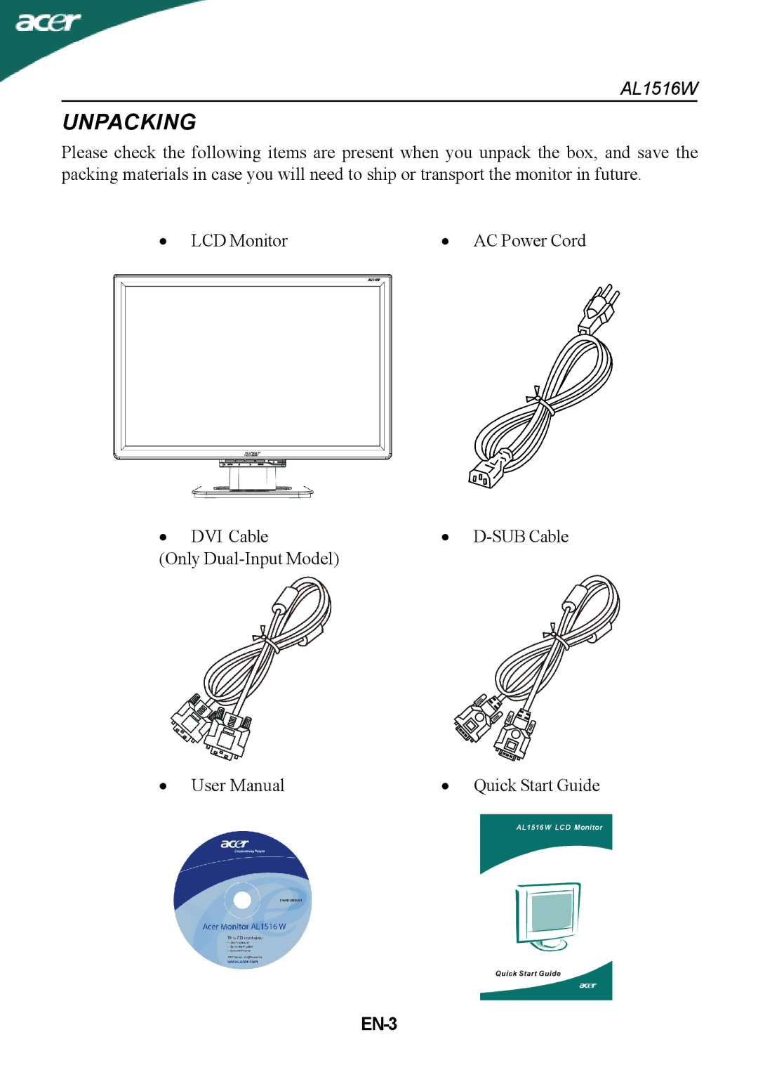 Acer AL1516W manual Unpacking, EN-3 