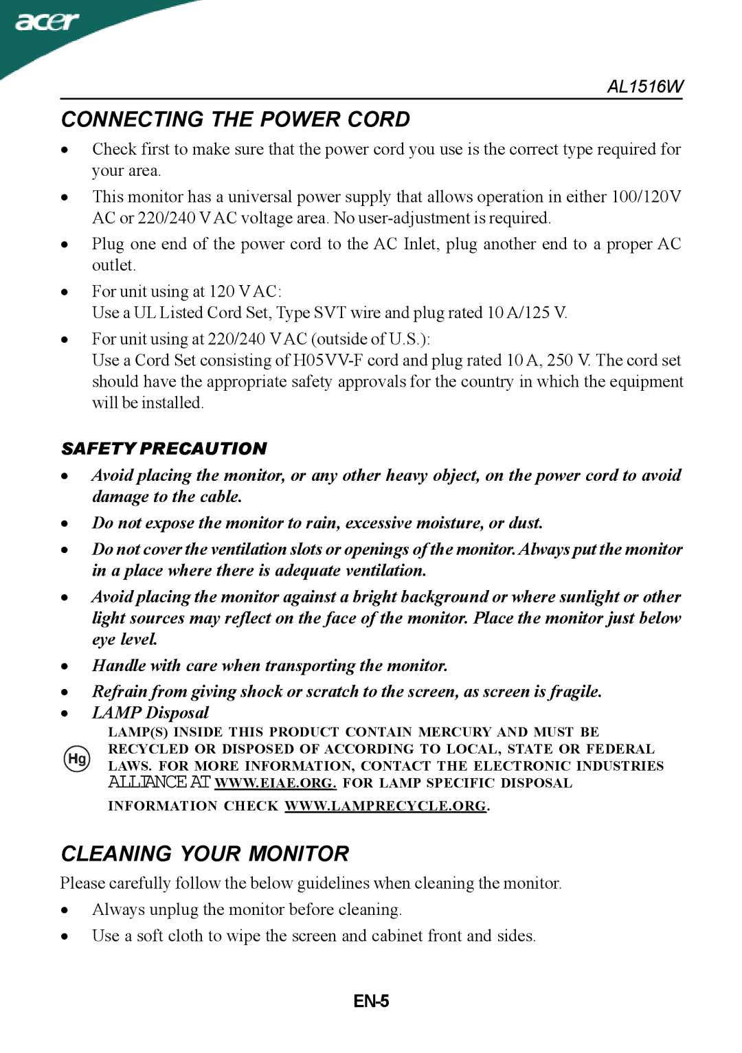 Acer AL1516W manual Connecting the Power Cord, Cleaning Your Monitor, EN-5 