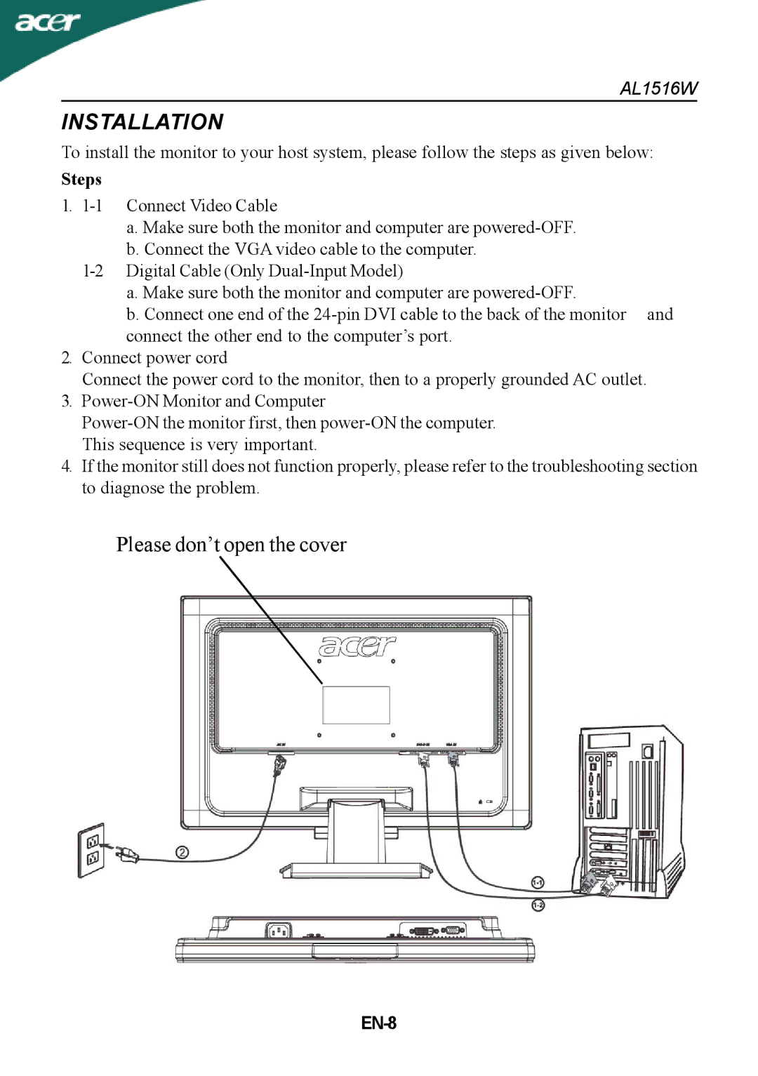 Acer AL1516W manual Installation, Steps, EN-8 