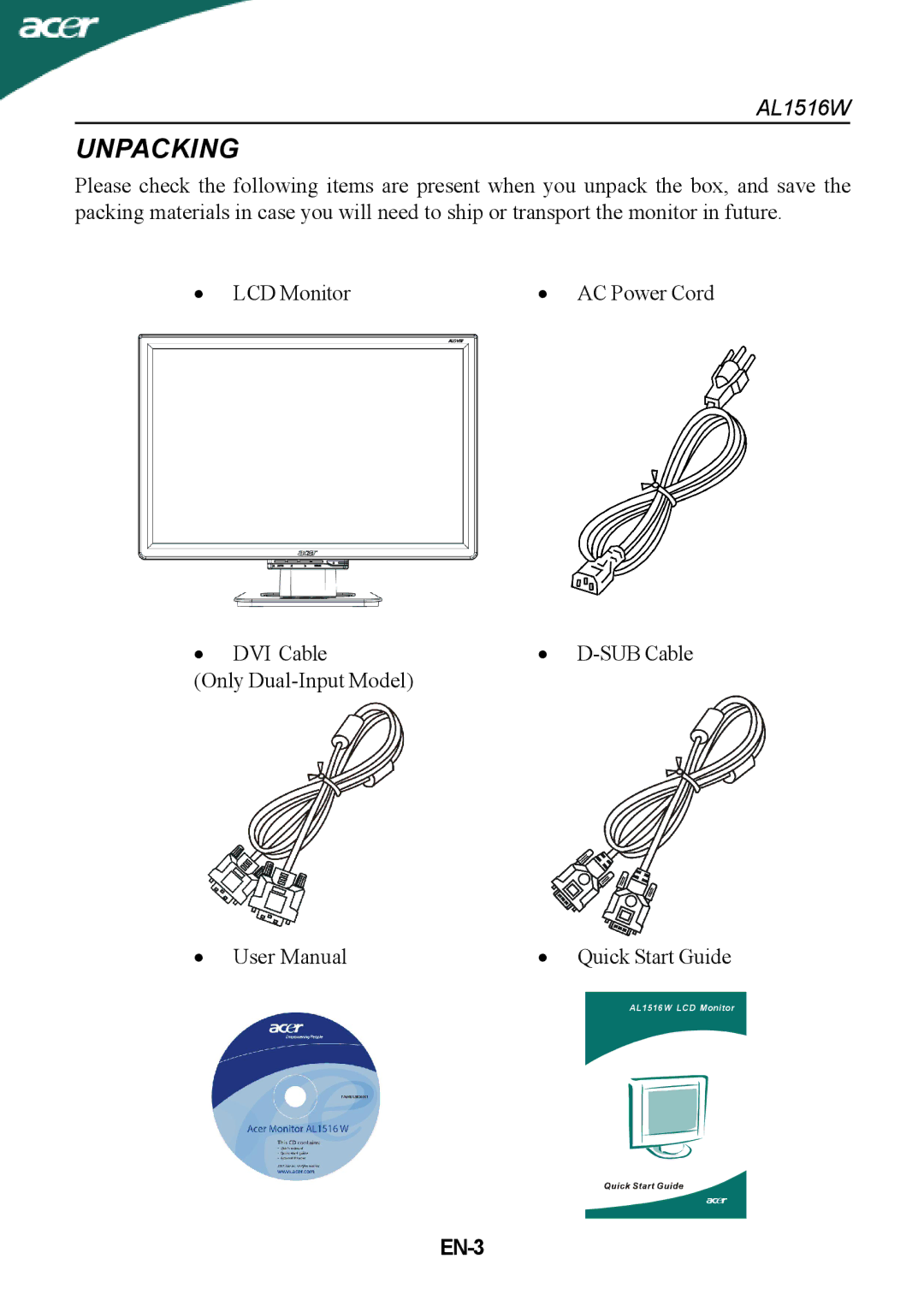 Acer AL1516W manual Unpacking, EN-3 