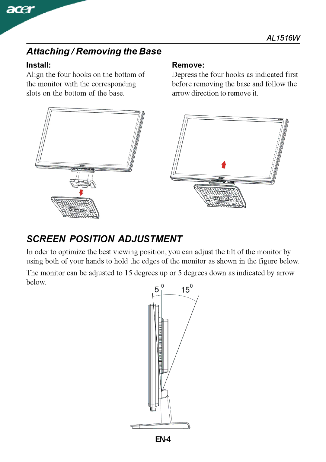 Acer AL1516W manual Screen Position Adjustment, Install, Remove, EN-4 