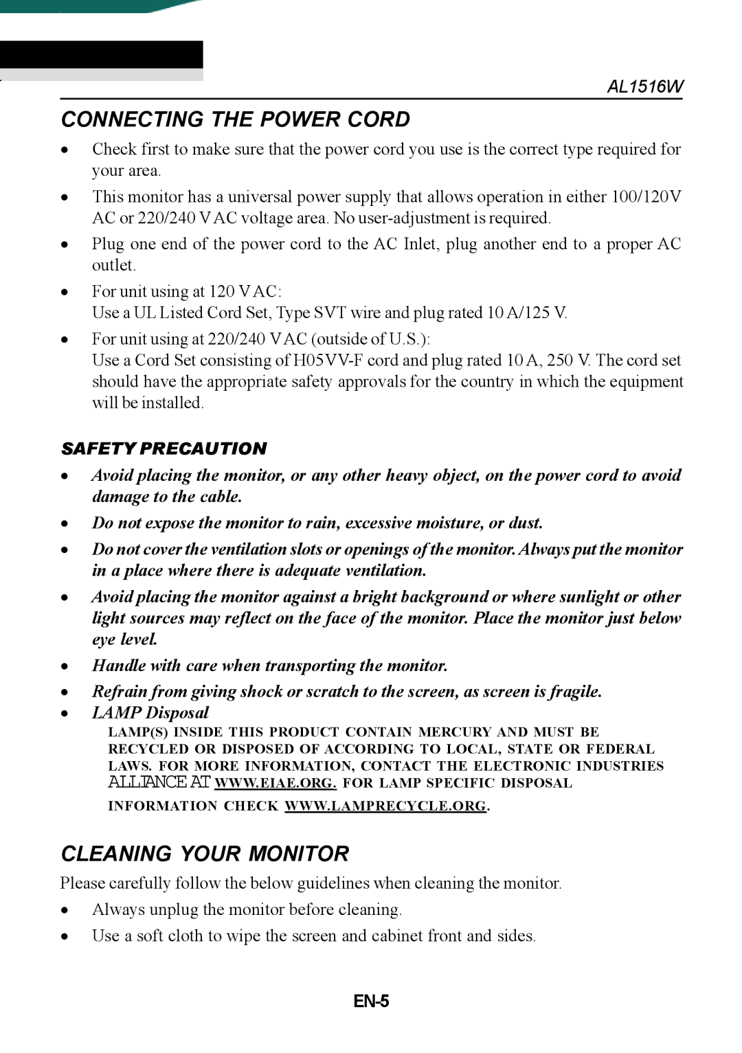 Acer AL1516W manual Connecting the Power Cord, Cleaning Your Monitor, EN-5 