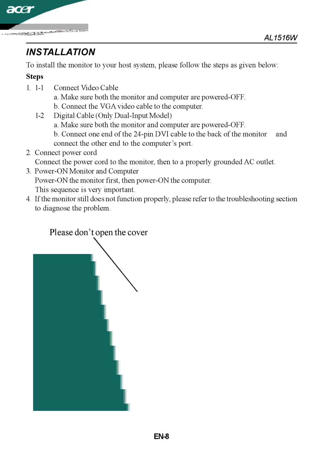 Acer AL1516W manual Installation, Steps, EN-8 