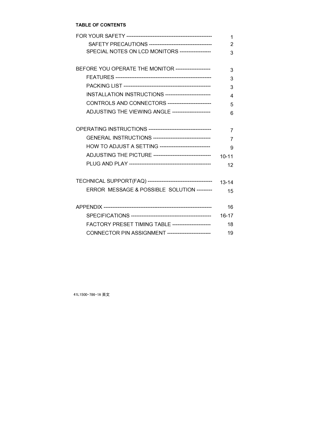 Acer 41L1500-786-1A, AL1521 installation instructions Special Notes on LCD Monitors, Table of Contents 