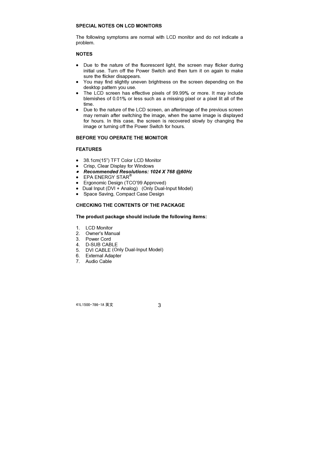 Acer AL1521 Special Notes on LCD Monitors, Before YOU Operate the Monitor Features, Checking the Contents of the Package 