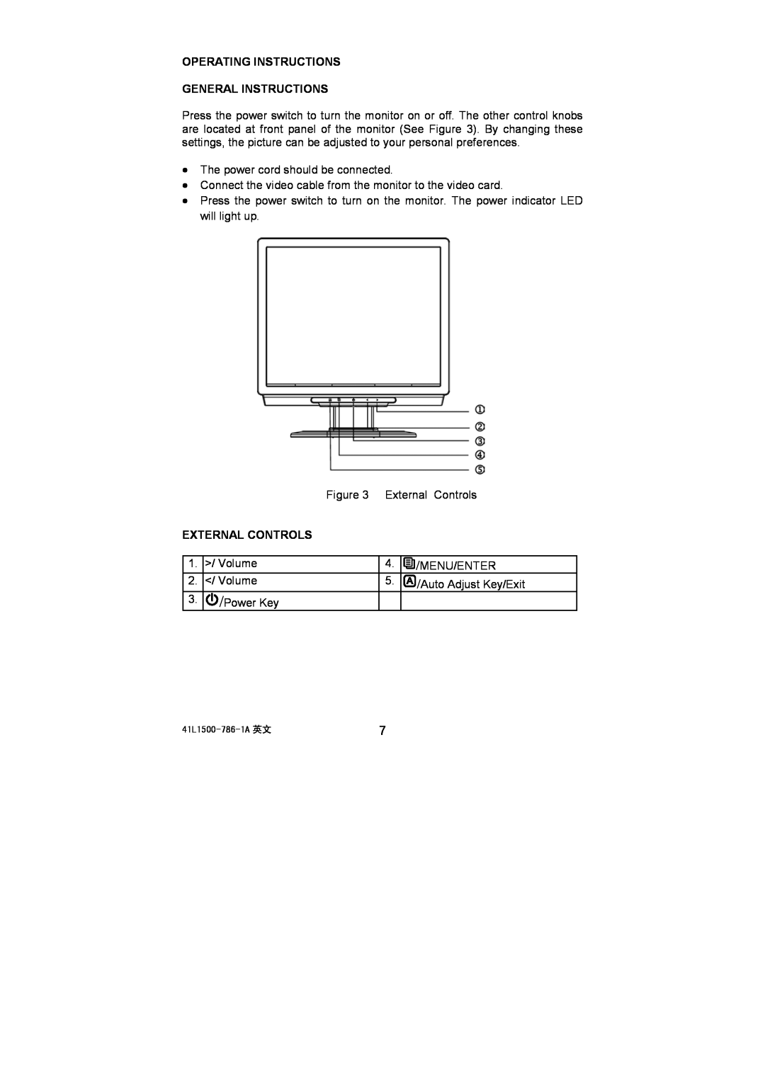 Acer AL1521, 41L1500-786-1A installation instructions Operating Instructions General Instructions, External Controls 