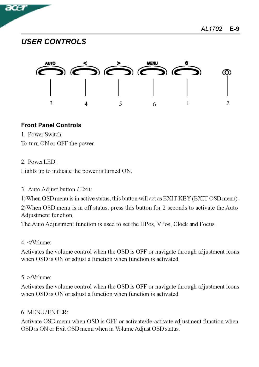 Acer AL1702 user manual User Controls, Menu/Enter 