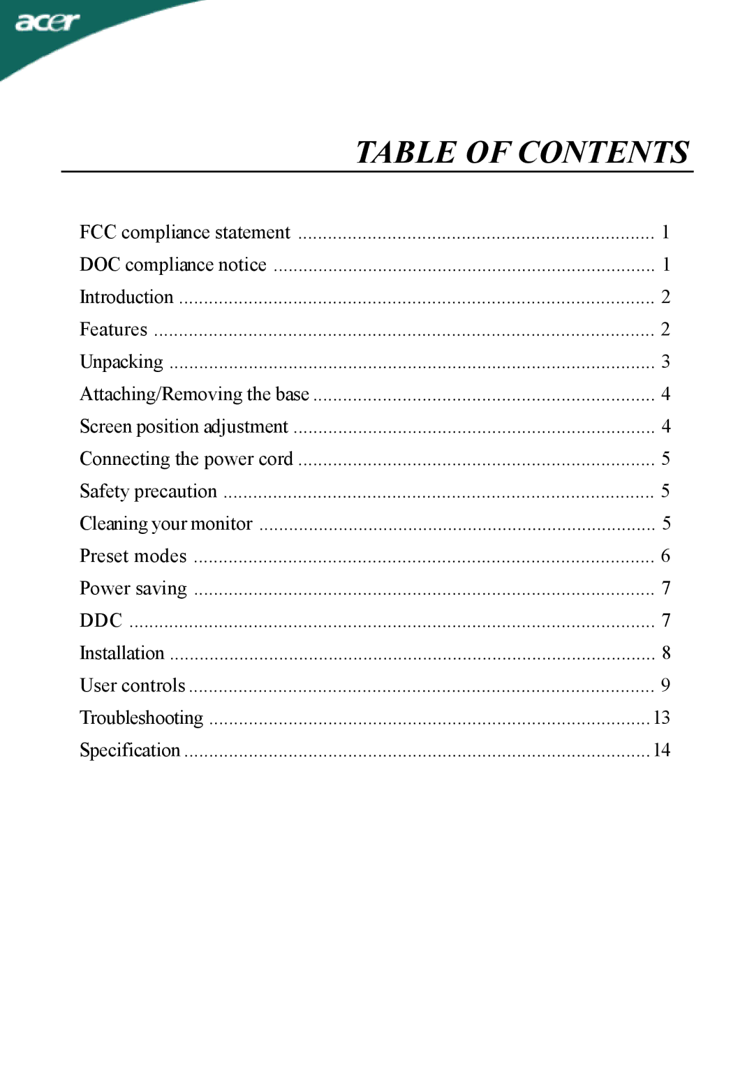 Acer AL1702 user manual Table of Contents 