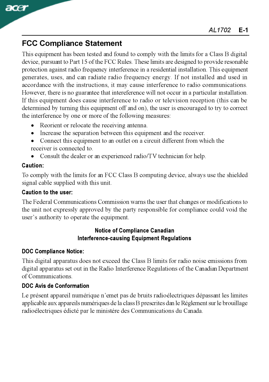 Acer AL1702 user manual FCC Compliance Statement 