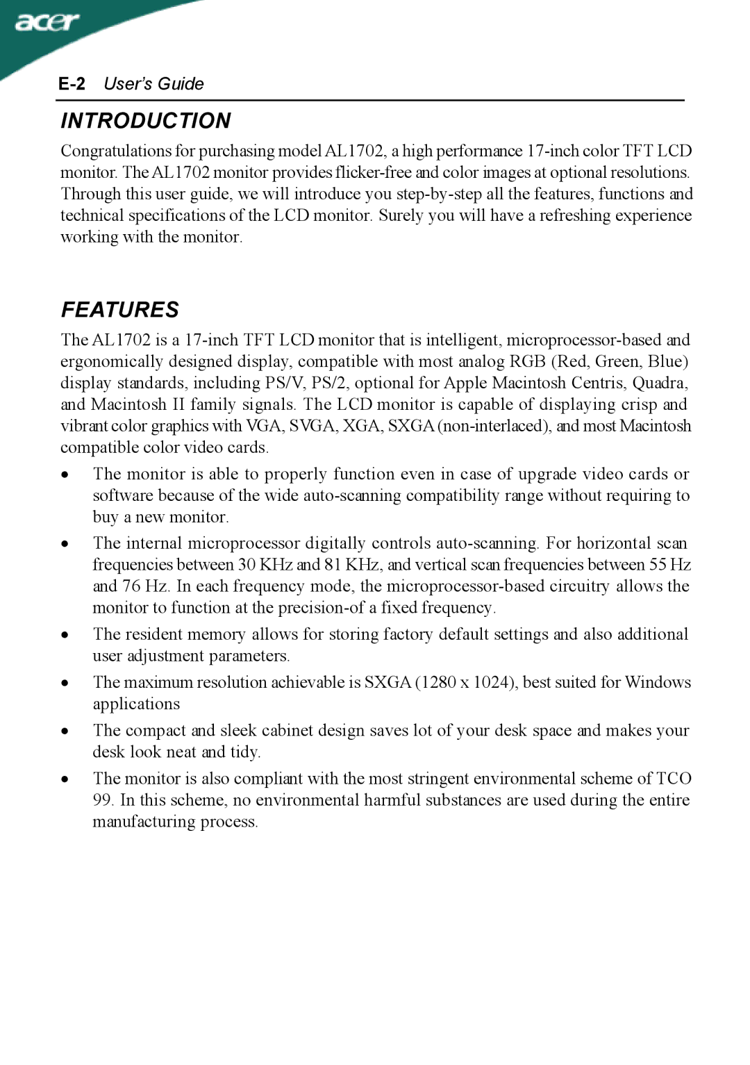 Acer AL1702 user manual Introduction, Features 