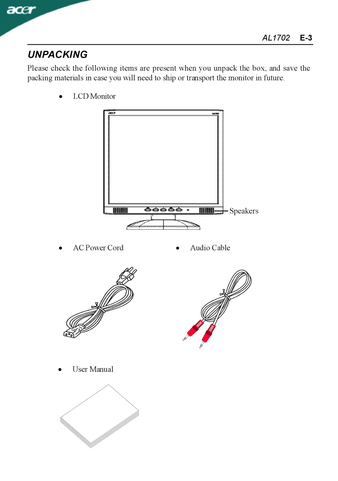 Acer AL1702 user manual Unpacking 