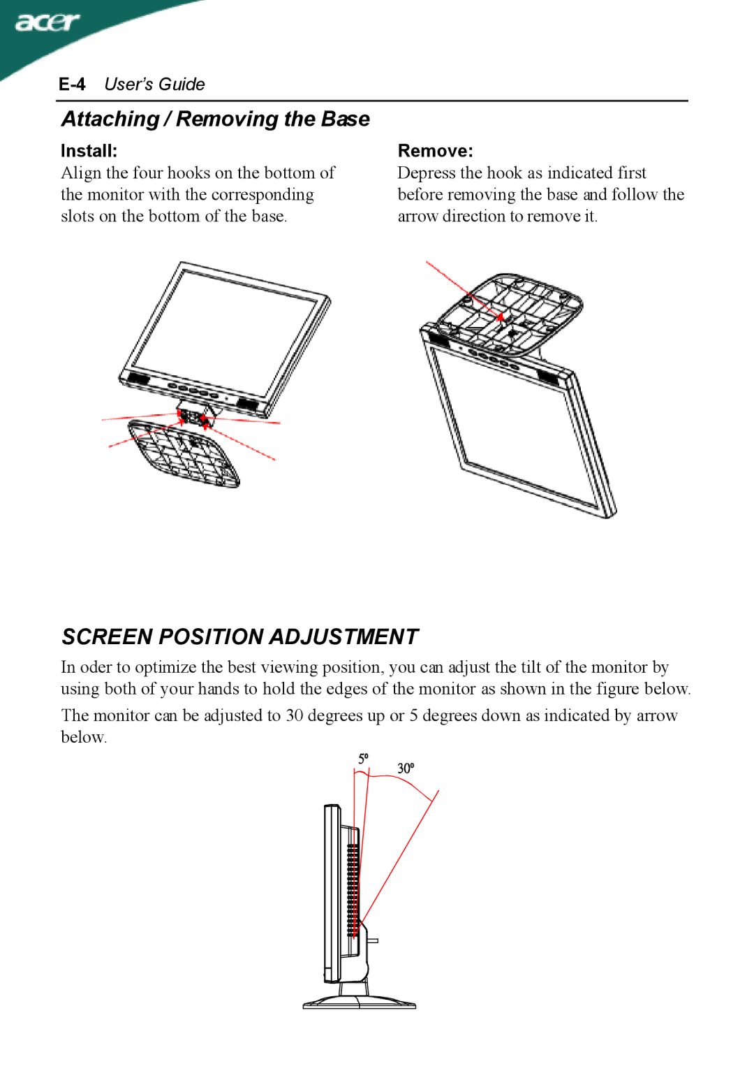 Acer AL1702 user manual Attaching / Removing the Base, Screen Position Adjustment 