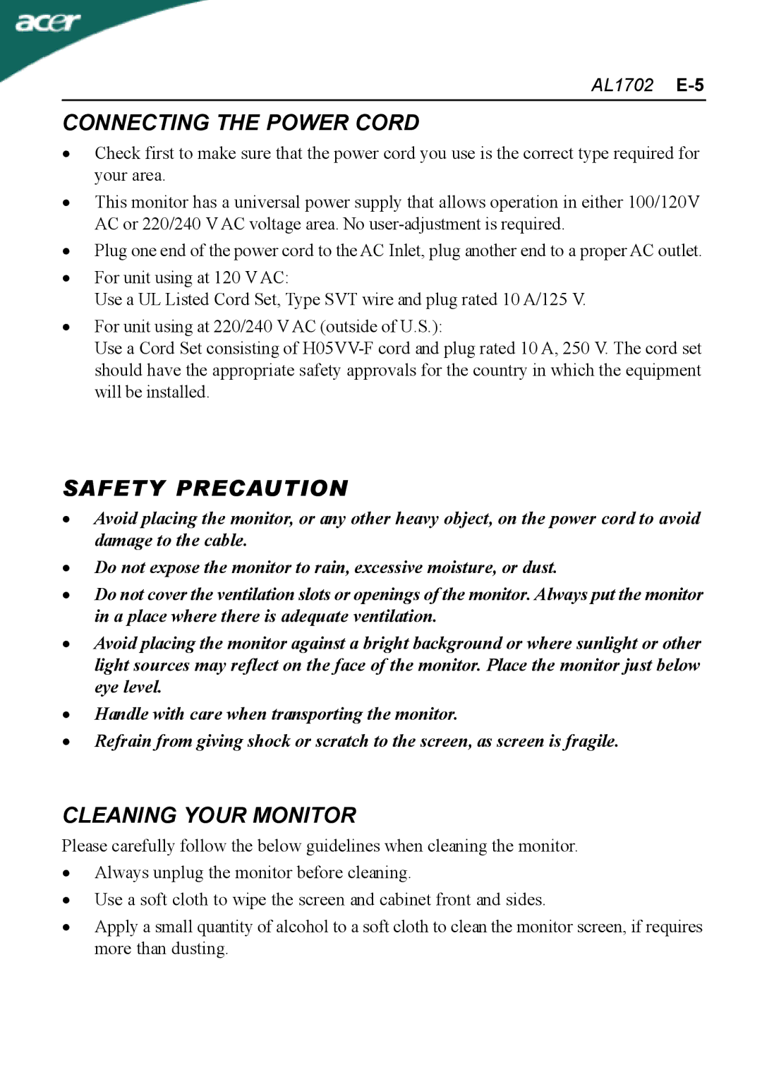 Acer AL1702 user manual Connecting the Power Cord, Safety Precaution, Cleaning Your Monitor 