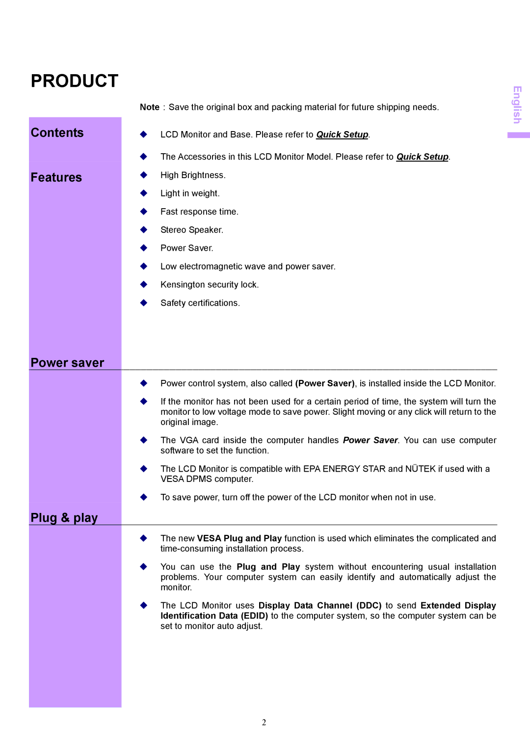 Acer AL1703 manual Product, Contents Features, Power saver, Plug & play 