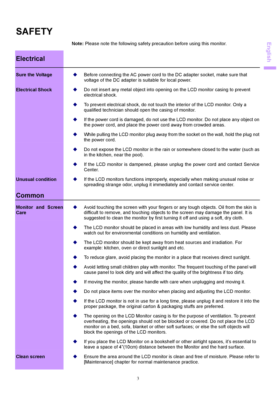 Acer AL1703 manual Safety, Electrical, Common 