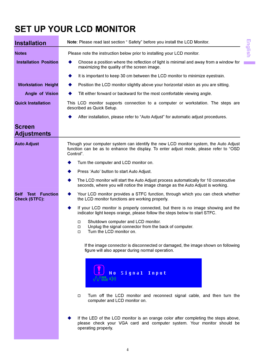 Acer AL1703 manual SET UP Your LCD Monitor, Installation, Screen Adjustments 