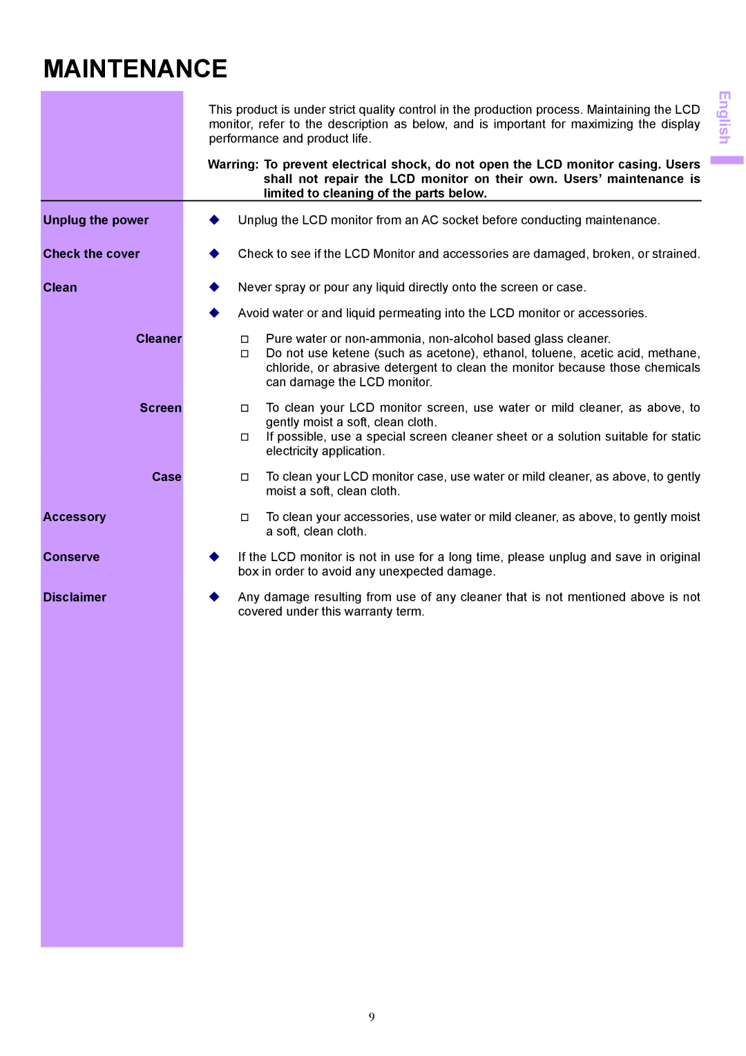 Acer AL1703 manual Maintenance 