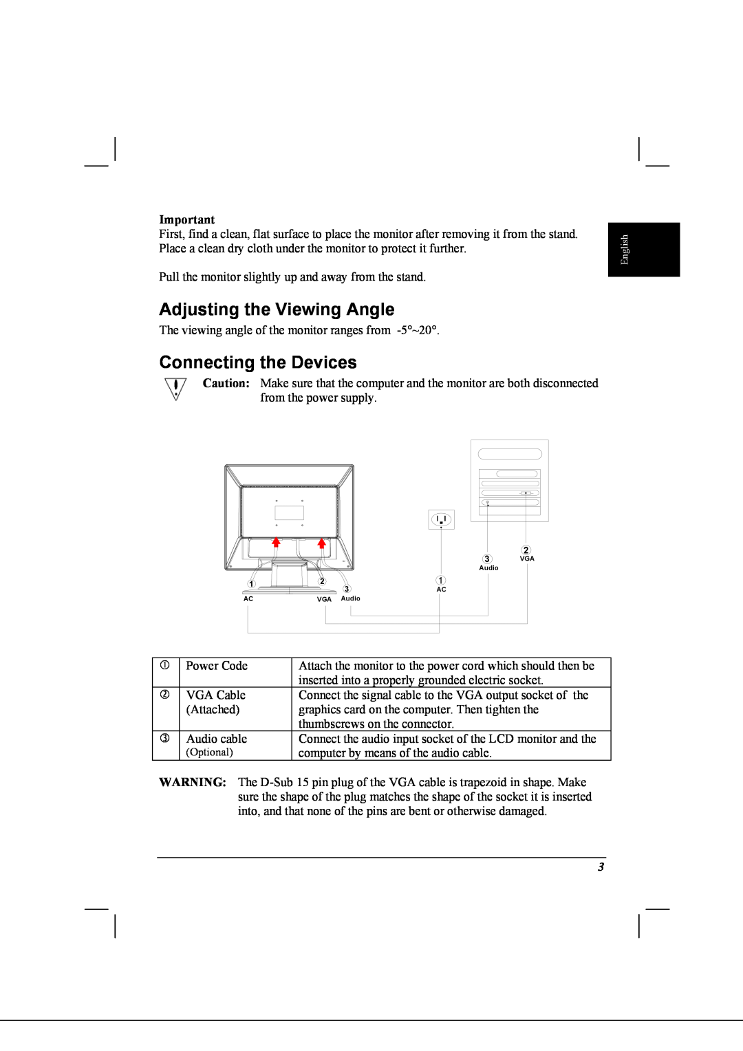 Acer AL1712 installation instructions Adjusting the Viewing Angle, Connecting the Devices 