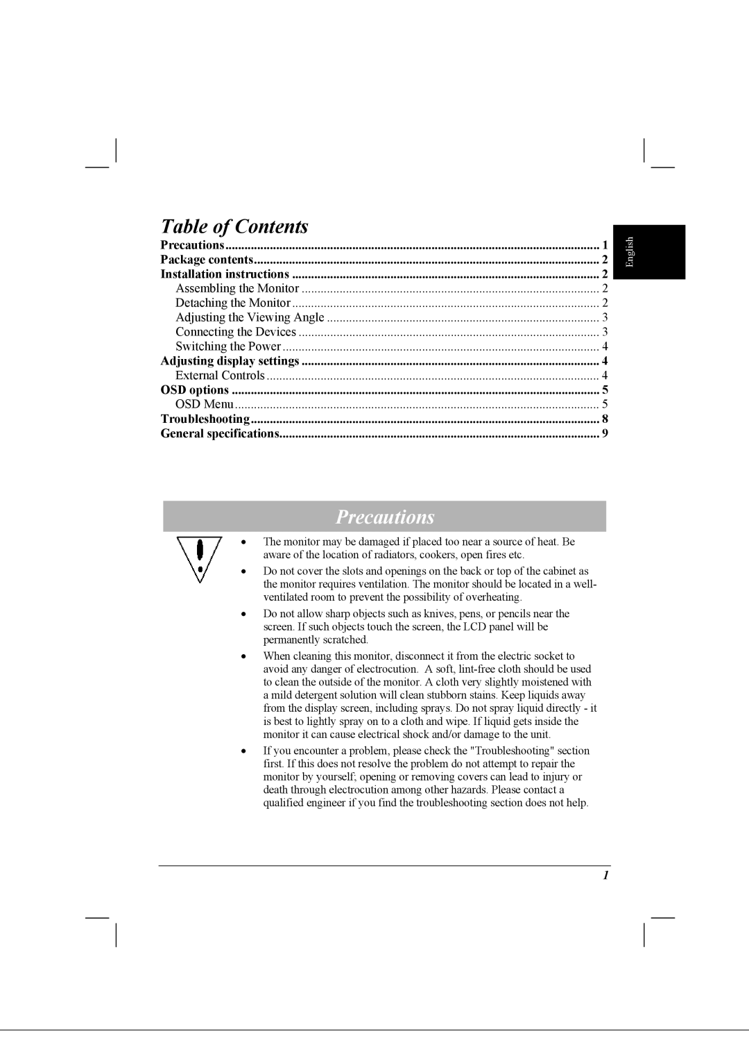 Acer AL1712 installation instructions Table of Contents, Precautions 