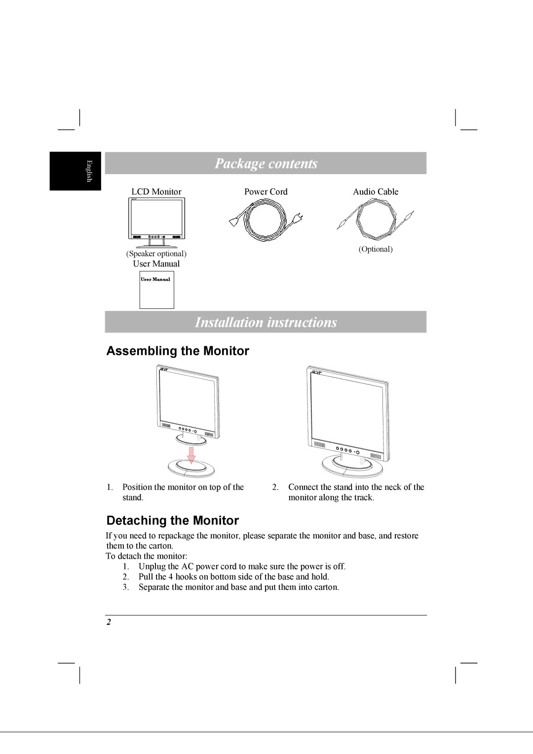 Acer AL1712 Package contents, Installation instructions, Assembling the Monitor, Detaching the Monitor 