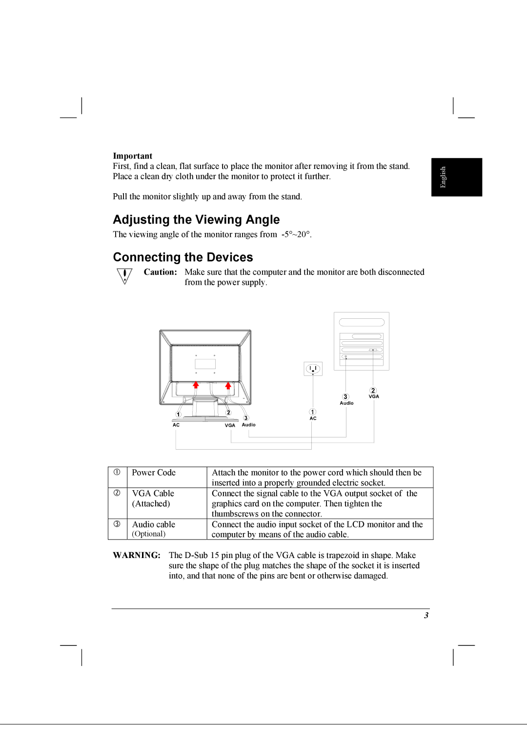 Acer AL1712 installation instructions Adjusting the Viewing Angle, Connecting the Devices 