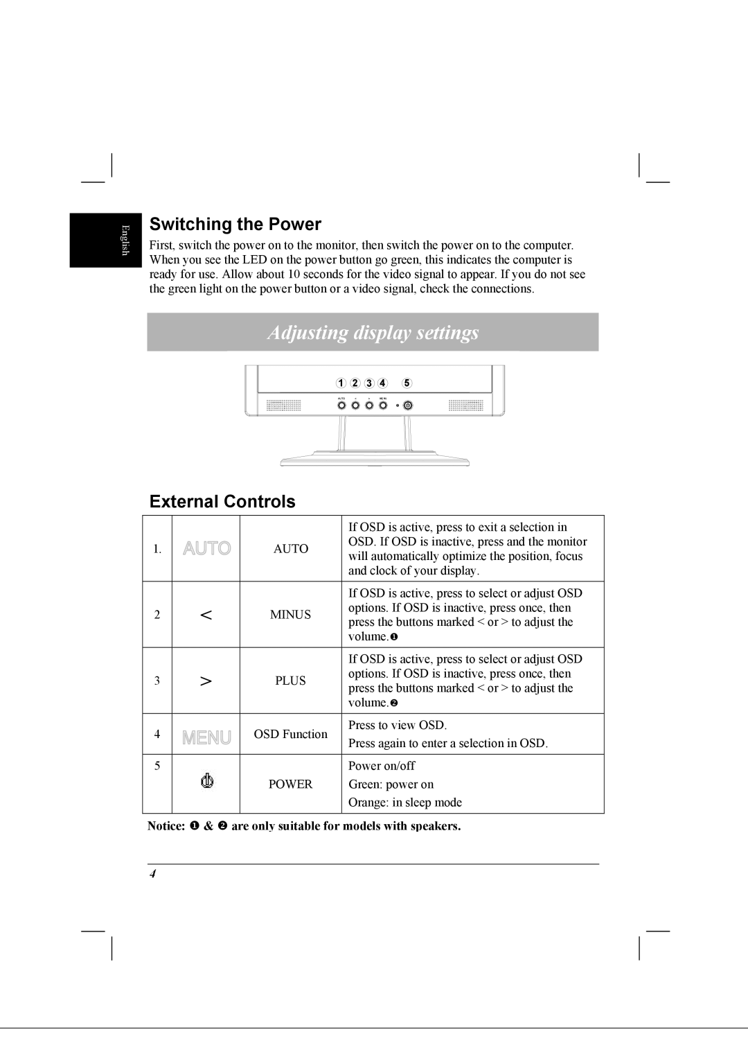 Acer AL1712 installation instructions Adjusting display settings, Switching the Power, External Controls 