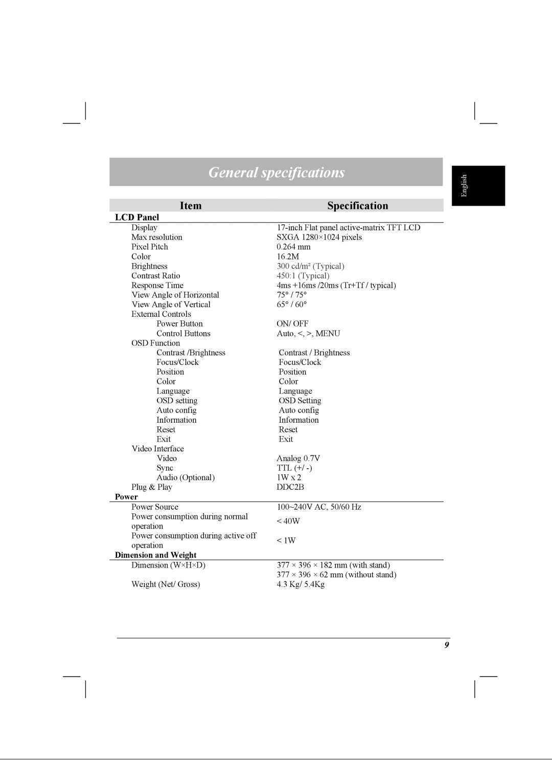 Acer AL1712 installation instructions General specifications, Specification 