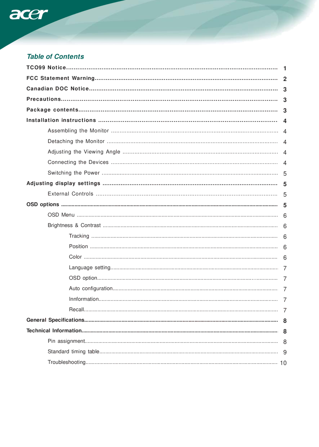 Acer AL1713bm, AL1713m installation instructions Table of Contents 