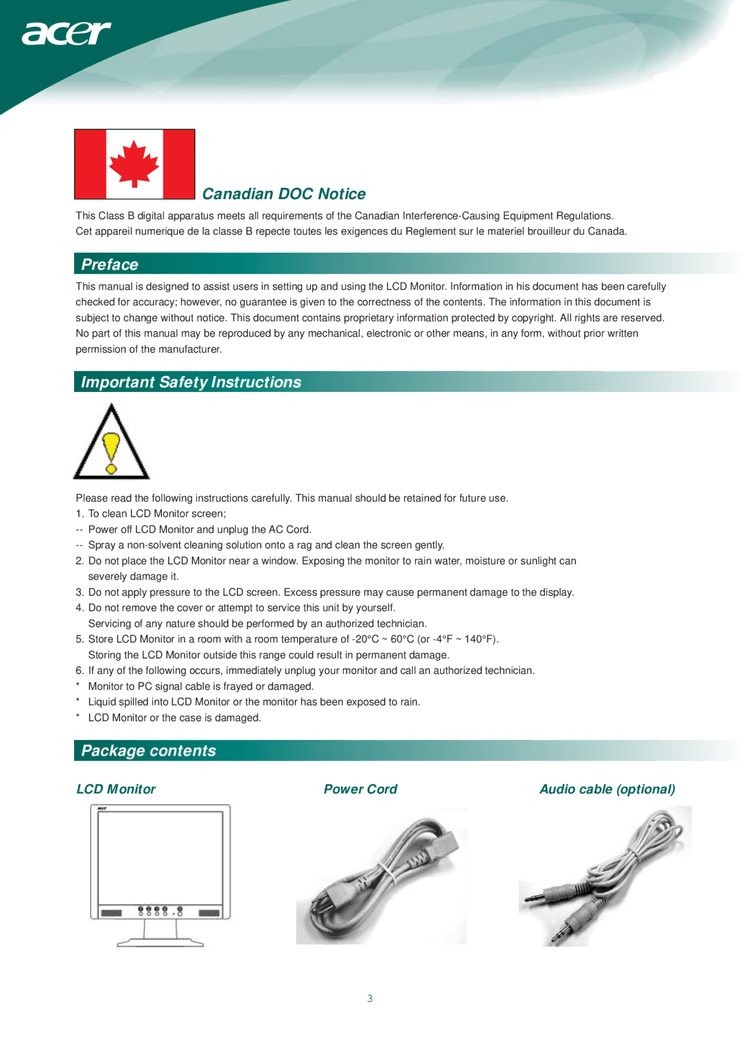 Acer AL1713m, AL1713bm Canadian DOC Notice, Preface, Important Safety Instructions, Package contents 