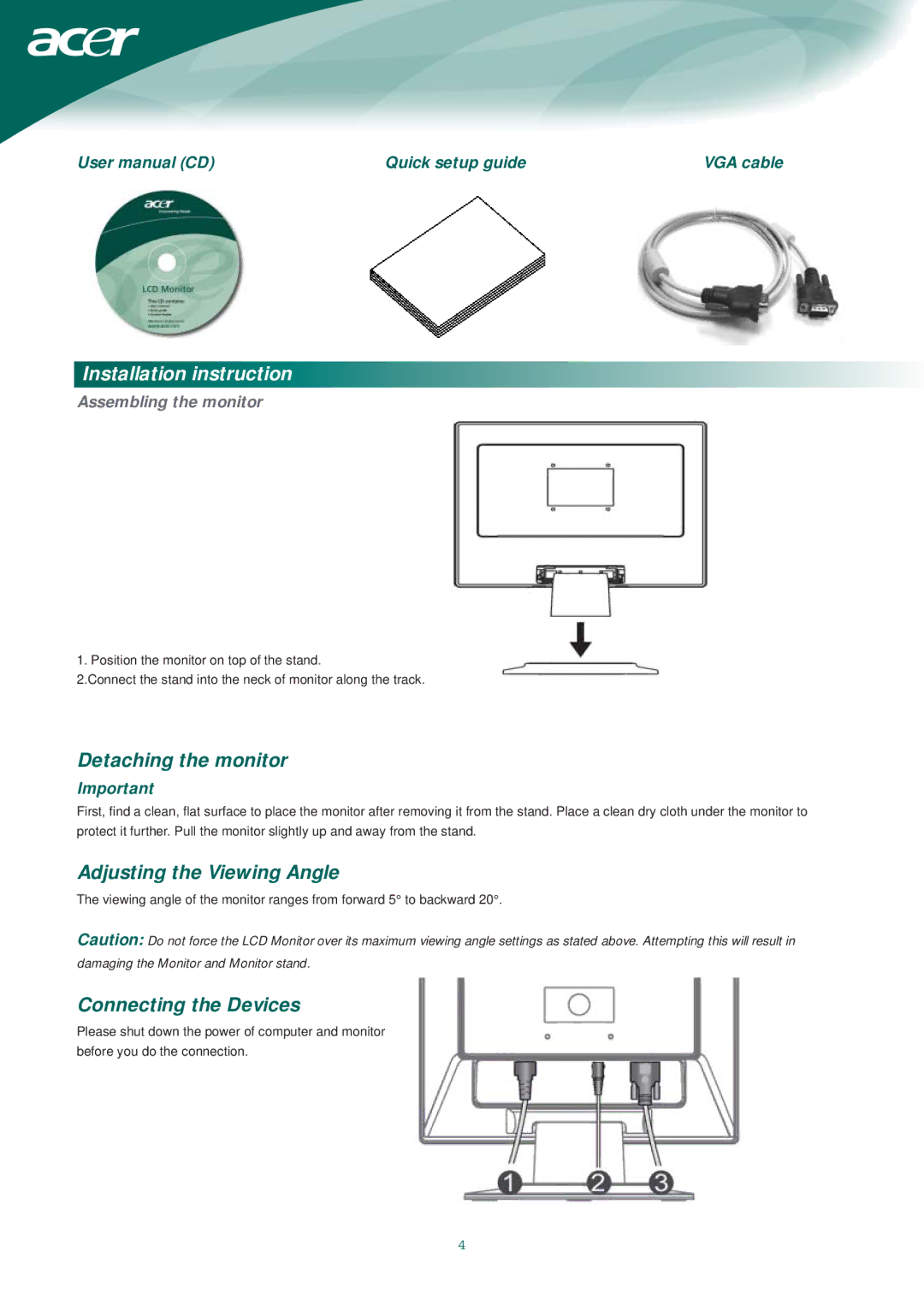 Acer AL1713bm Installation instruction, Detaching the monitor, Adjusting the Viewing Angle, Connecting the Devices 