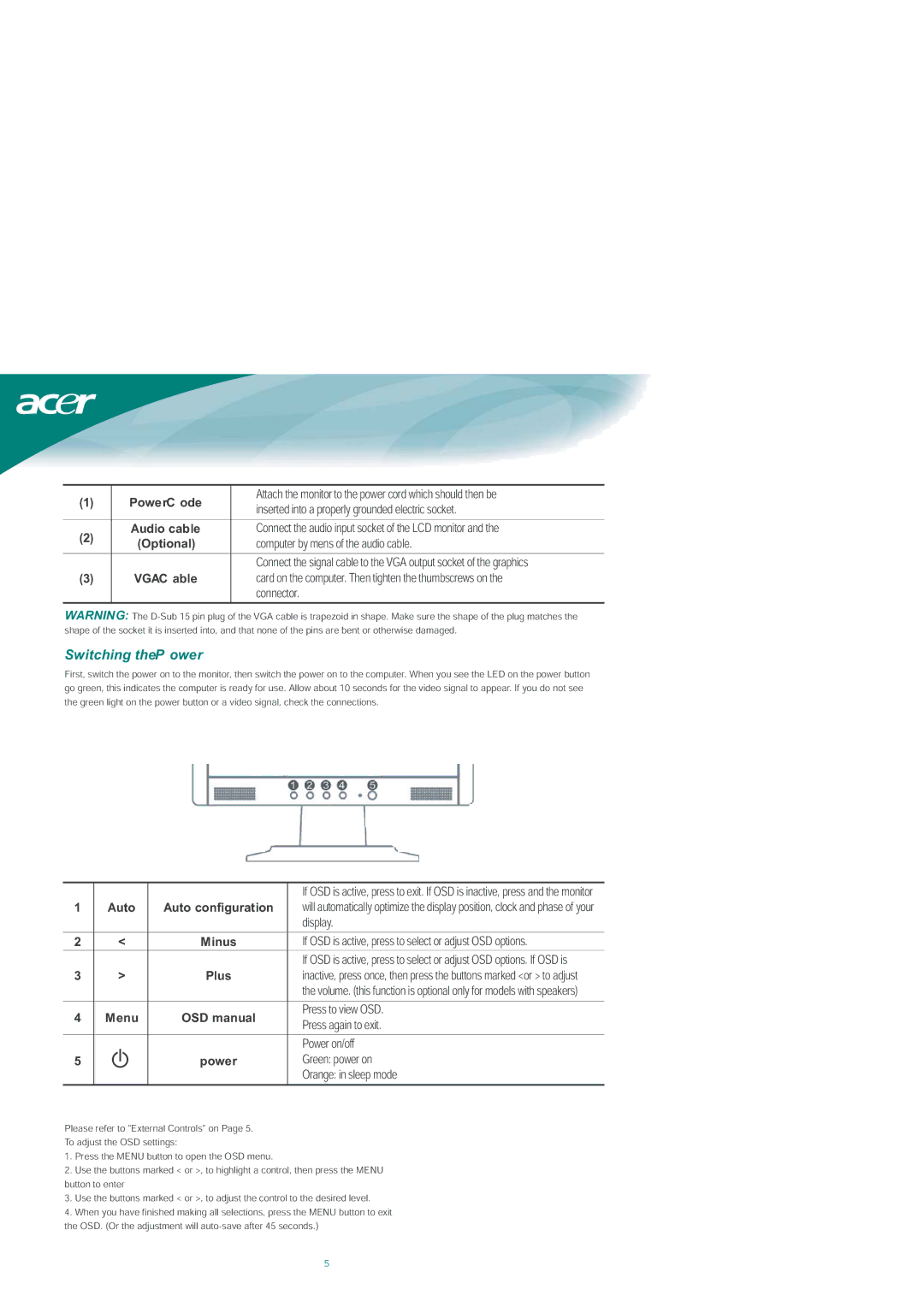 Acer AL1713m, AL1713bm installation instructions Switching theP ower 