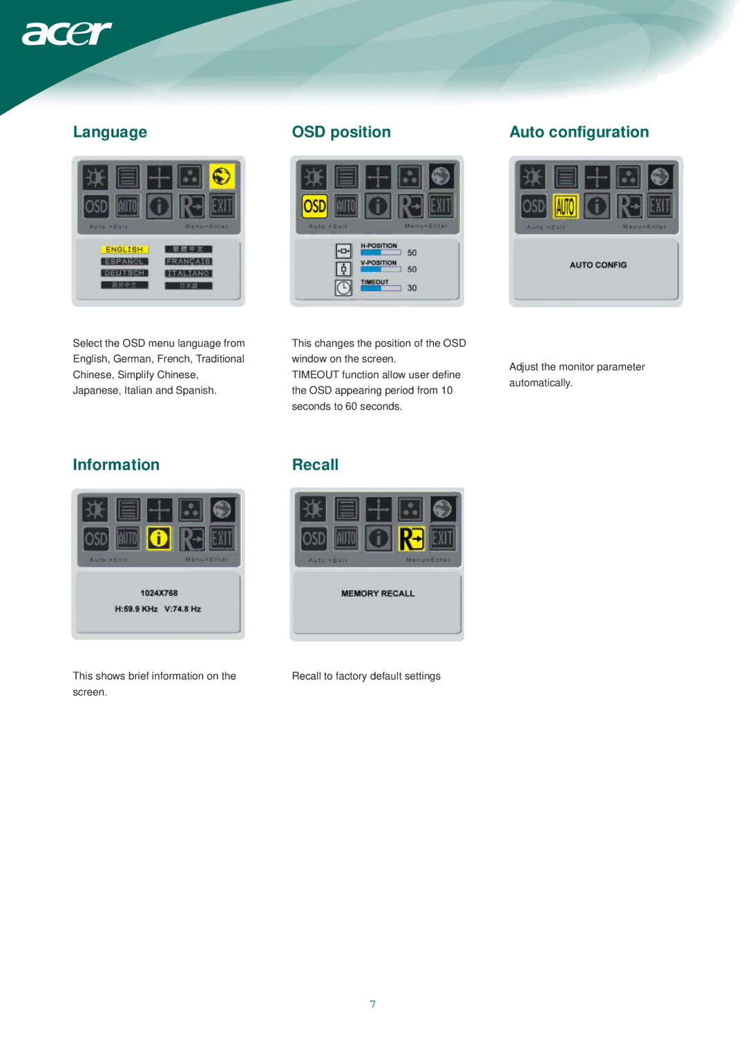 Acer AL1713m, AL1713bm installation instructions Language OSD position Auto configuration 