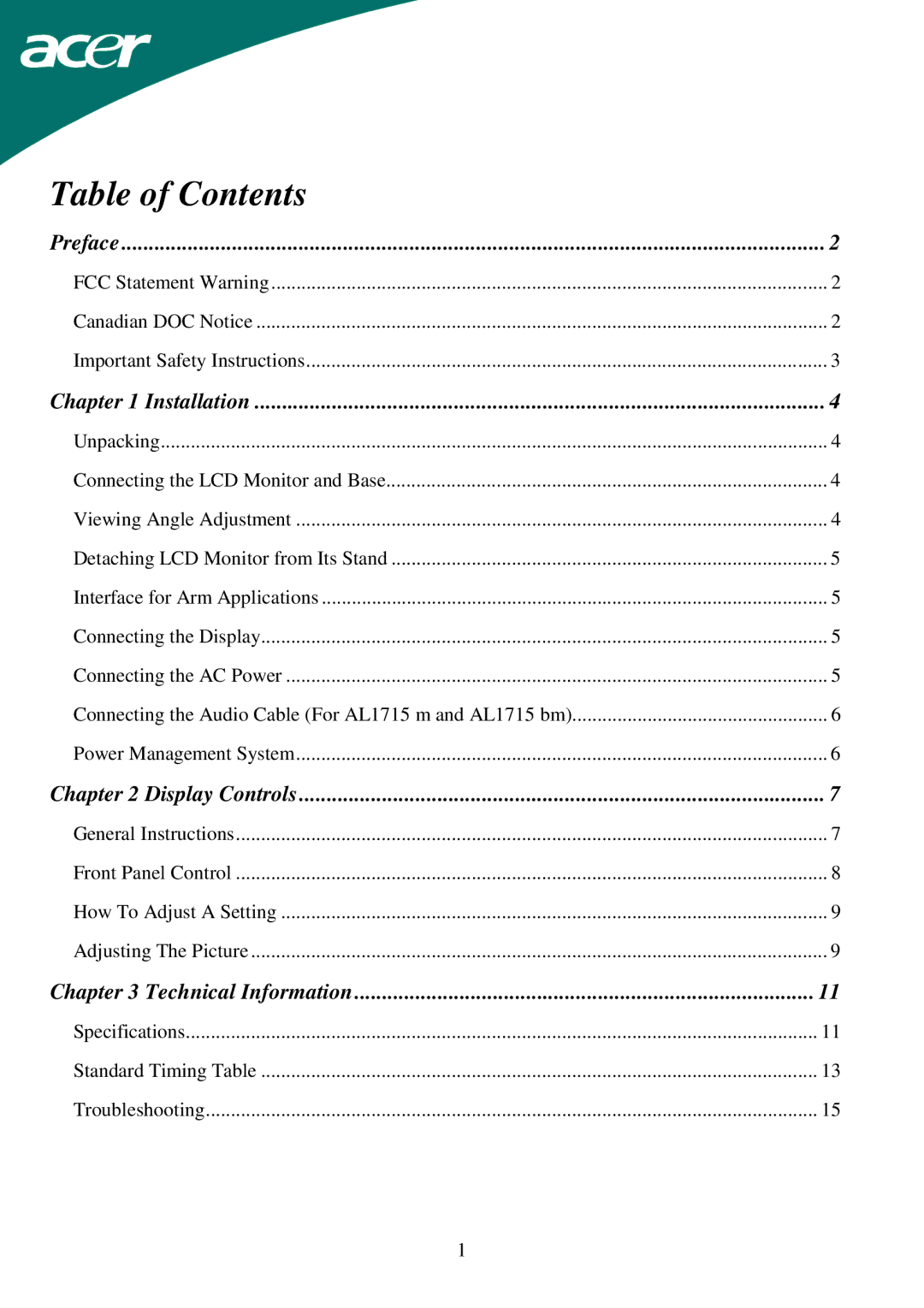 Acer AL1715 important safety instructions Table of Contents 