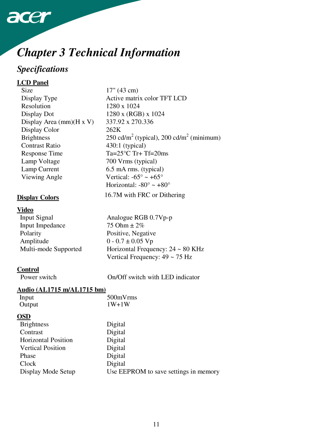 Acer AL1715 important safety instructions Technical Information, Specifications 