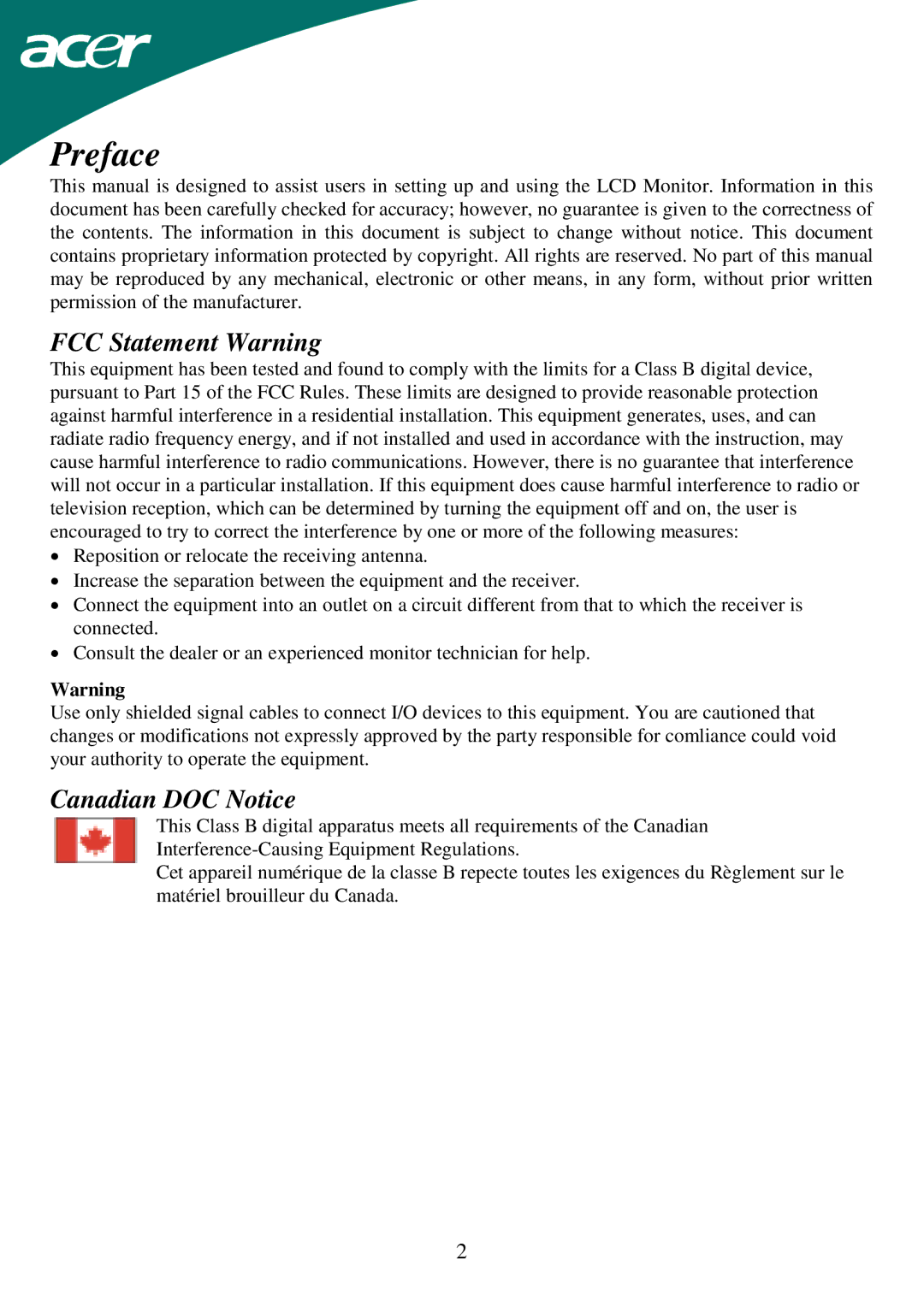 Acer AL1715 important safety instructions Preface, FCC Statement Warning, Canadian DOC Notice 