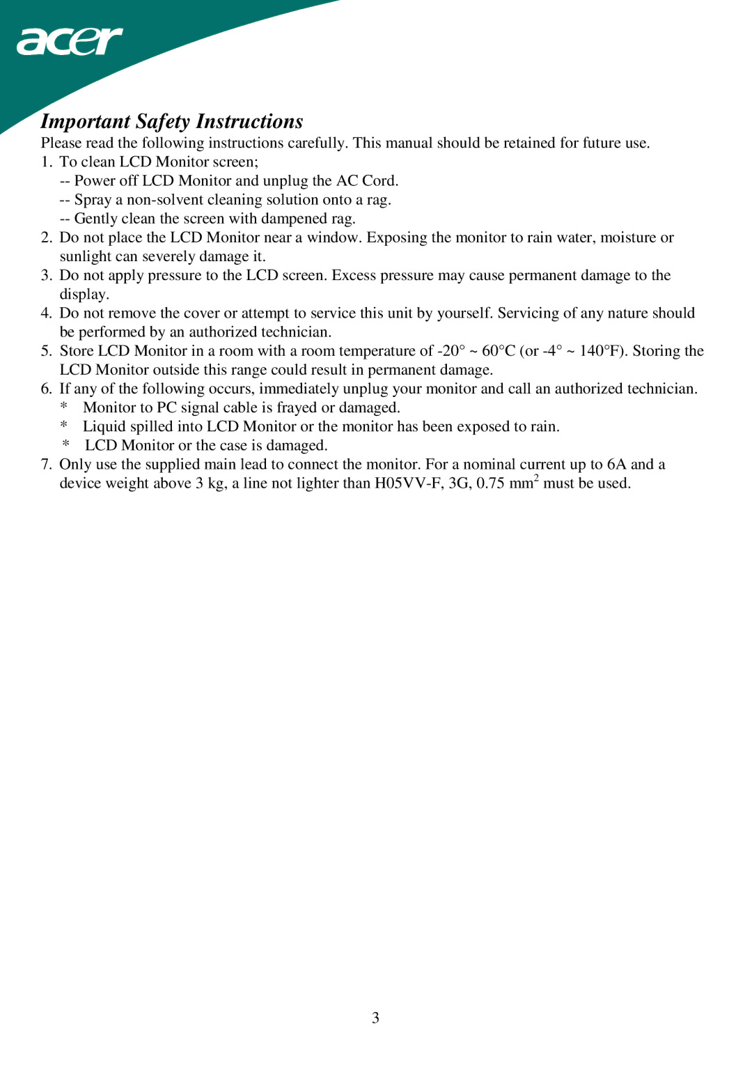 Acer AL1715 important safety instructions Important Safety Instructions 